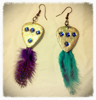 Front of Feathered Guitar Pick Earrings