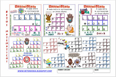 Desafíos matemáticos, Retos matemáticos, Retos mentales, Problemas matemáticos, Retos matemáticos con solución, Acertijos, Acertijos con palabras, Acertijos con solución, Alfamética, Criptoaritmética, Criptosuma, Criptograma, Juego de palabras, Suma de palabras, Alfaméticas con solución, criptoaritméticas con solución