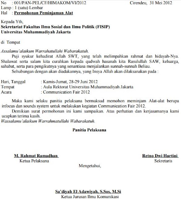 Contoh Surat Peminjaman Sarana Perlengkapan Seminan 