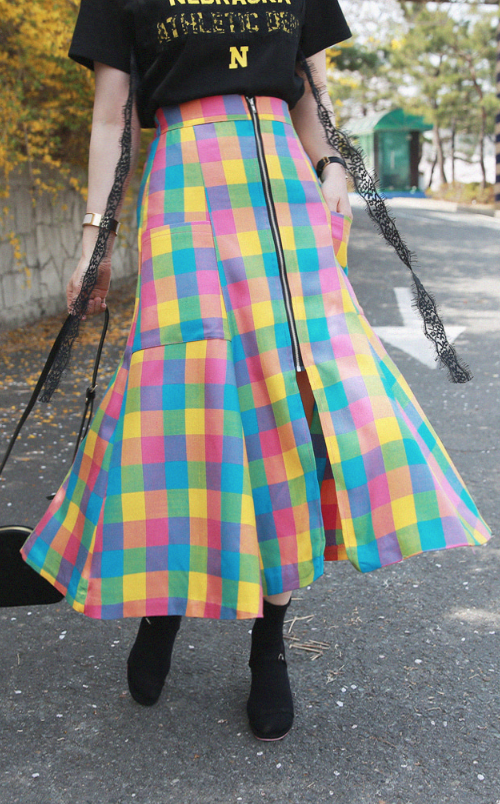 Zip Front Multicolor Check Skirt