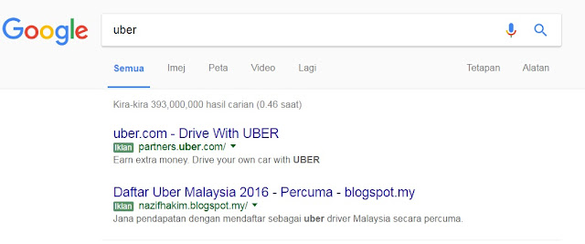 Iklan UBER yang muncul sewaktu pengguna mencari maklumat di enjin carian Google