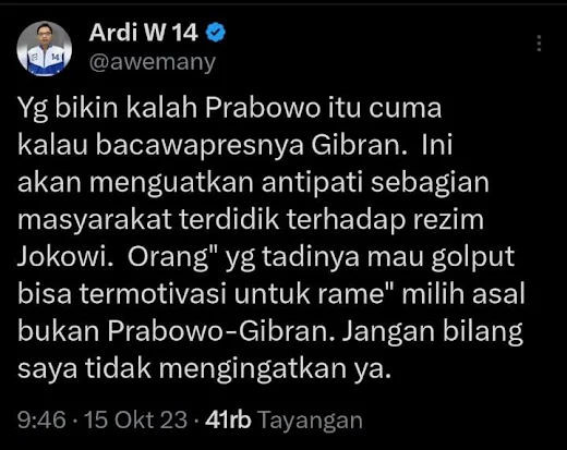 Ketua Umum Partai Gerindra Prabowo Subianto resmi mengumumkan putra sulung Presiden Joko W Politikus Demokrat: Yang bikin kalah Prabowo itu cuma kalau cawapresnya Gibran