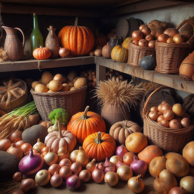 potatoes, onions, pumpkins in cellar storage
