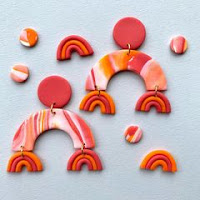 Flowers at the Door large triple Pink and Orange Rainbow and little single Pink and Orange Rainbow Earrings.