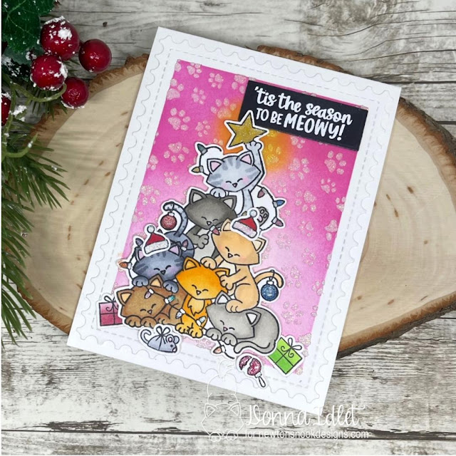 Cat Christmas Card by Donna Idlet | Cat Christmas Tree Stamp Set, Petite Paw Prints Stencil and Framework Die Set by Newton's Nook Designs