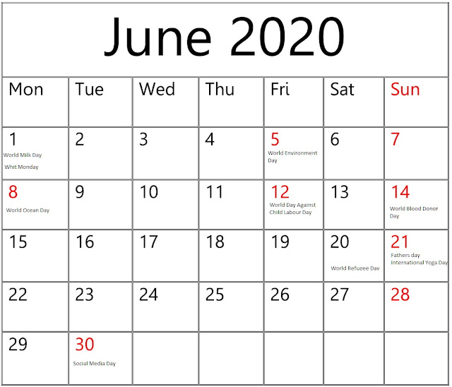  June 2020 calendar With Holidays National  