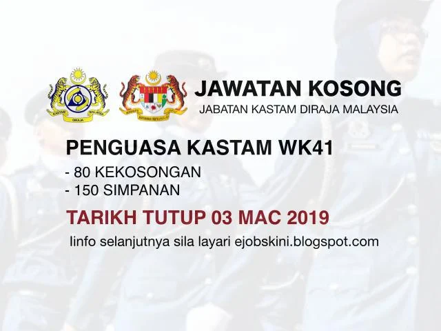 Jawatan Kosong Penguasa Kastam WK41 Mac March 2019