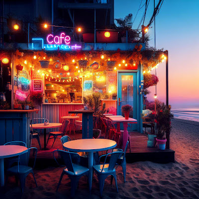 colorful island cafe with lights on the beach at sunset