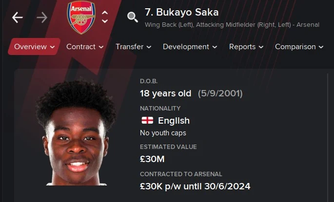 Bukayo Saka FM21 Football Manager 2021 Wonderkid