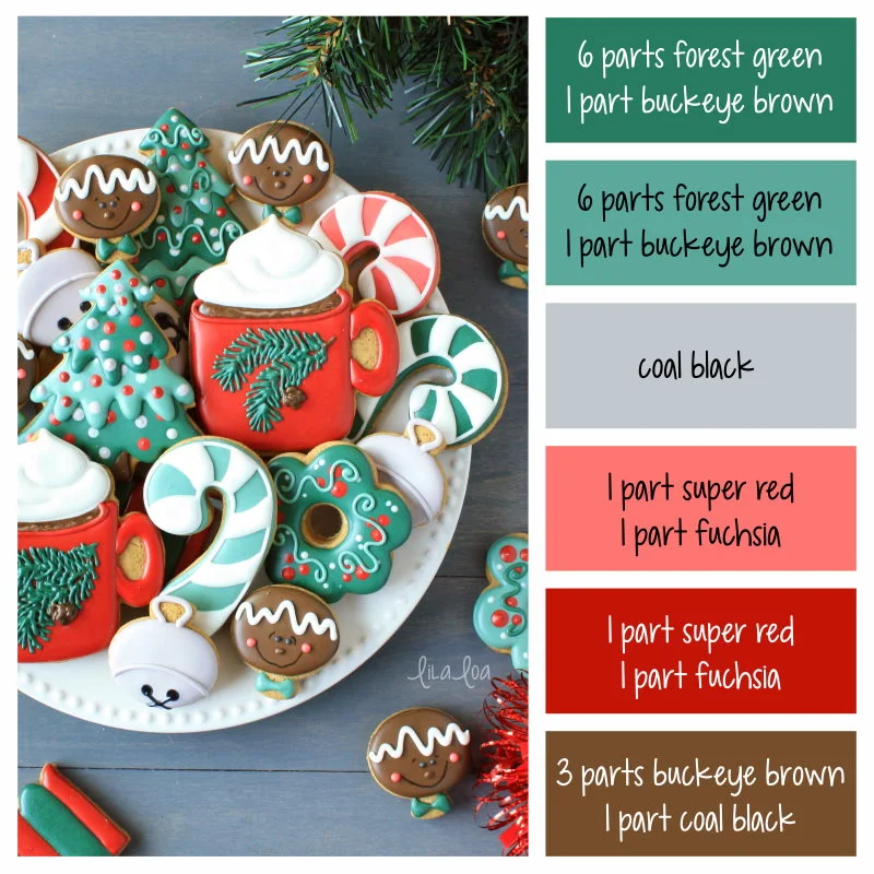 how to make traditional Christmas icing colors - cookie decorating icing color palette with formulas