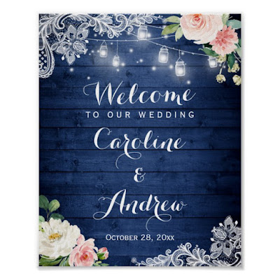 Rustic Blue String Lights Lace Floral Wedding Sign