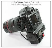 PT1027: Pre-Trigger Conrol Box 1 x 2 - Attached to Camera Bottom with Short Camera Cord (Side View)