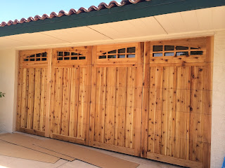 wood garage door with windows