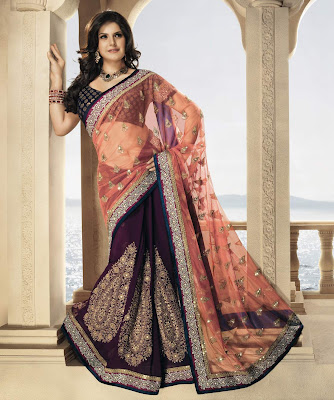 BRAND: Brijraj CATEGORY: Saree with Unstitched Blouse COLOUR: Saree: Purple and Peach Blouse: Black