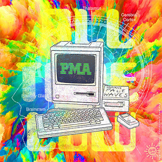 Cover Art for PMA (feat. Pale Waves) by All Time Low depicting an Apple II computer set against a psychedelic tie die rainbow
