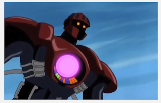 The Sentinel, a giant robot with glowing red eyes and a glowing orb in it's chest.