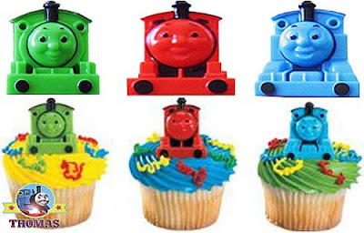 Kids birthday party Thomas the tank engine cupcake topper rings with Percy and James the red engine