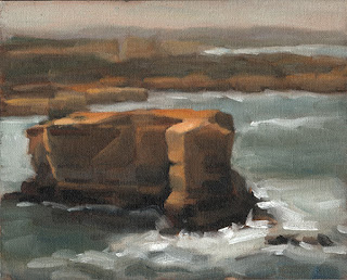 Landscape oil painting of a coastal limestone stack.