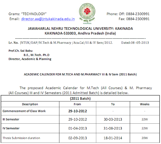 Jntu kakinada M.Pharmacy, M.tech Academic Calendar 2013