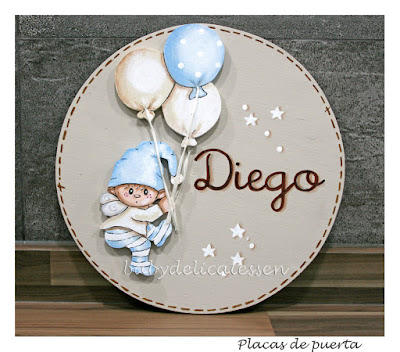 placa de puerta infantil duende globos nombre Diego babydelicatessen