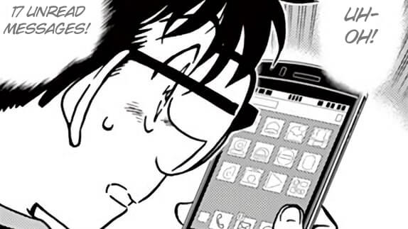 Conan checking missed notifications on his phone.