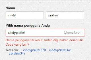 Contoh pengisian nama dan nama pengguna akun gmail yang di beri peringatan