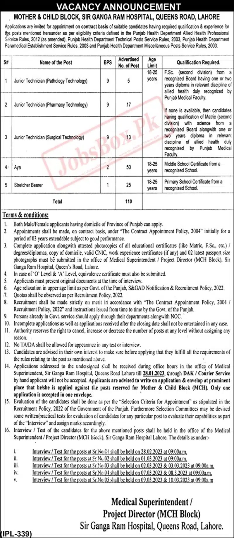 Sir Ganga Ram Hospital Lahore Jobs 2023 - Latest Advertisement