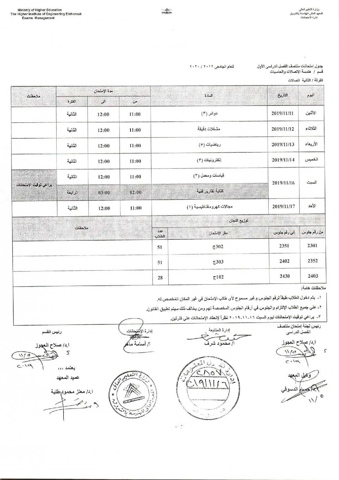 جدول امتحانات ثانية اتصالات هندسة الشروق الميدترم 2019-2020