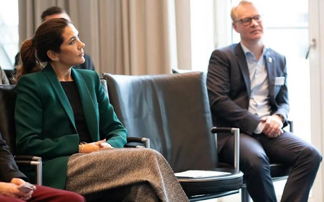 Crown Princess Mary wore a new tuxedo collar green blazer  by Zara, and multicolour wide-leg wool trousers by Celine