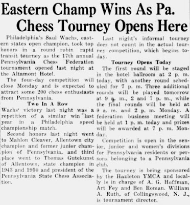 Eastern Champ Wins as Pa. Chess Tourney Opens Here