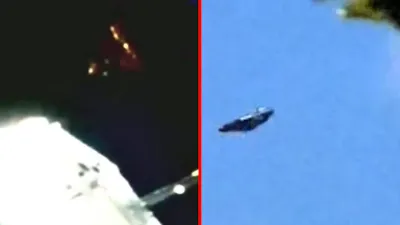 Silver disk UFO and NASA ISS UFO SpaceX Dragon spaceship UFO.