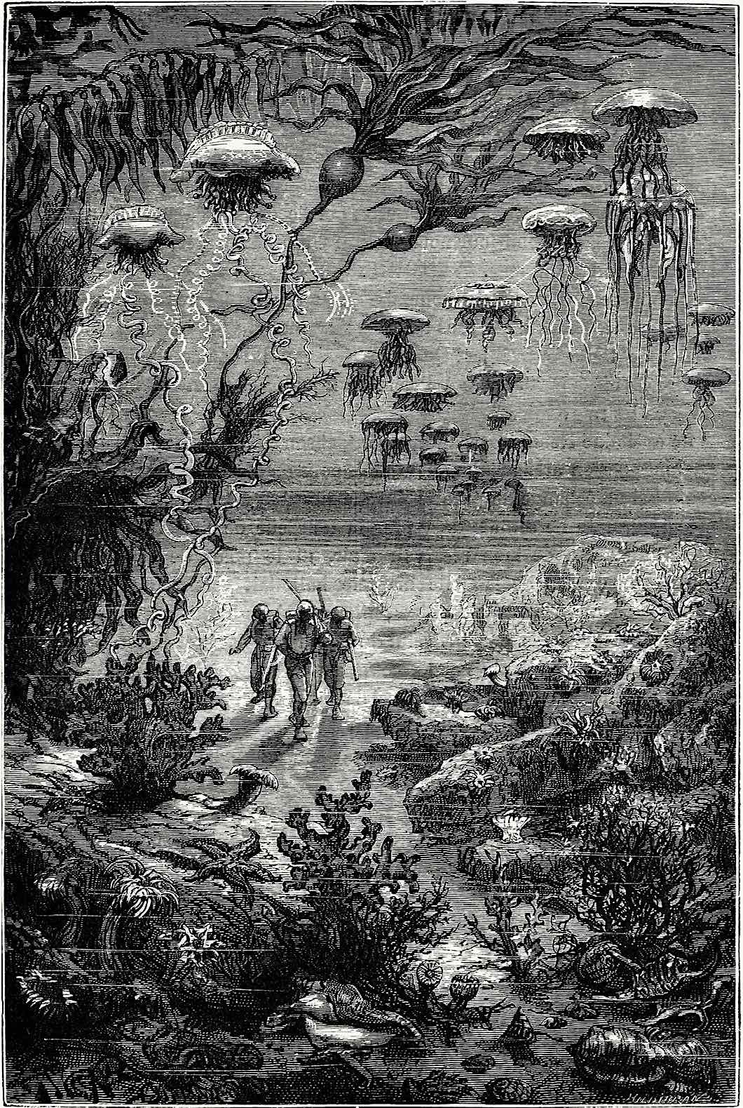 an Édouard Riou illustration for a Jules Verne book, deep sea divers walking on the bottom