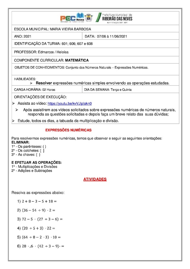 Atividade de Matemática- Prof:Edmarcos.07-06 a 11-06-2021