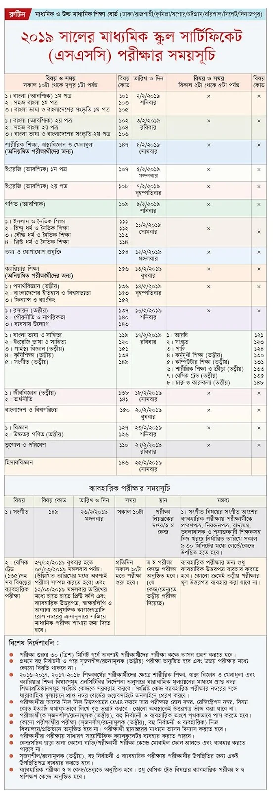 SSC Examination Routine 2019