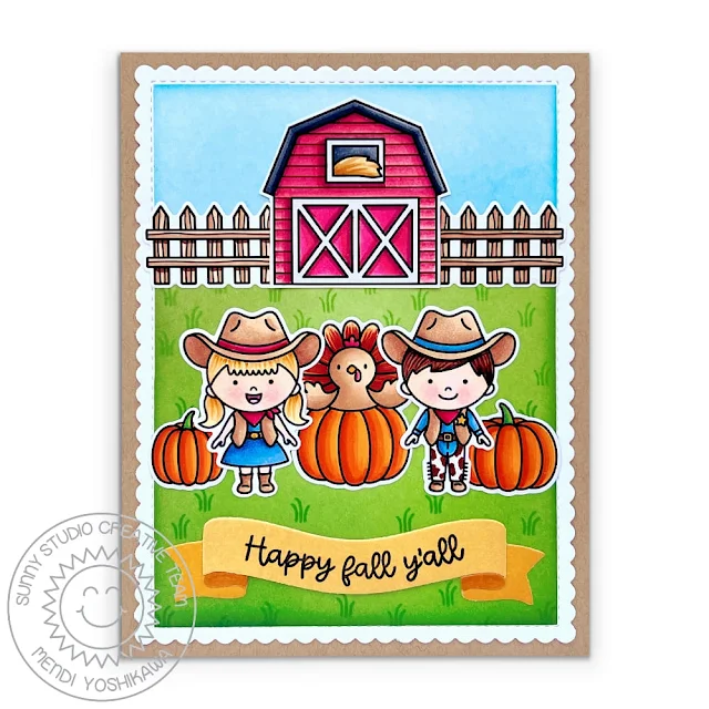 Sunny Studio Happy Fall Y'all Cowboy & Cowgirl Card (using Turkey Day, Little Buckaroo & Barnyard Buddies Stamps, Brilliant Banner 1 & Frilly Frames Stripes Die)