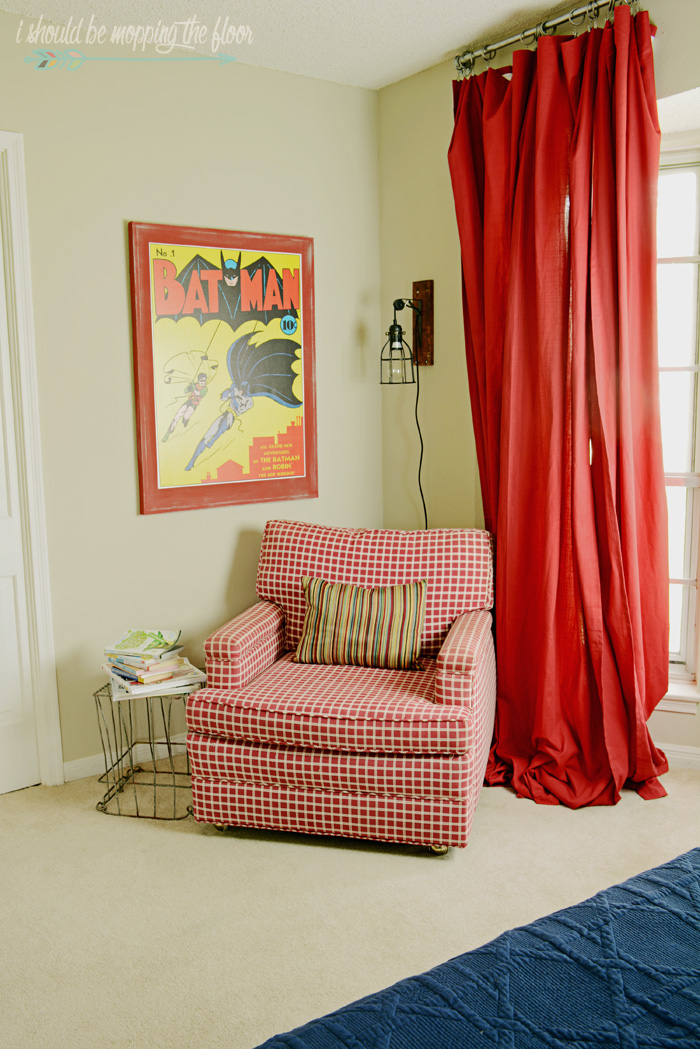 Kids' Reading Corner and DIY Canvas Artwork | Sweet space for the kiddos to escape to...this post includes a tutorial on making the Batman canvas, too.