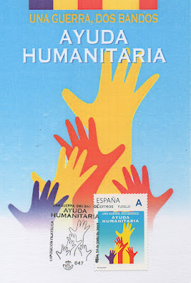 tarjeta, sello, matasellos, filatelia, exposición, ayuda humanitaria