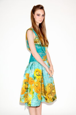 Silk Chiffon Box-Pleated Sunflower Dress