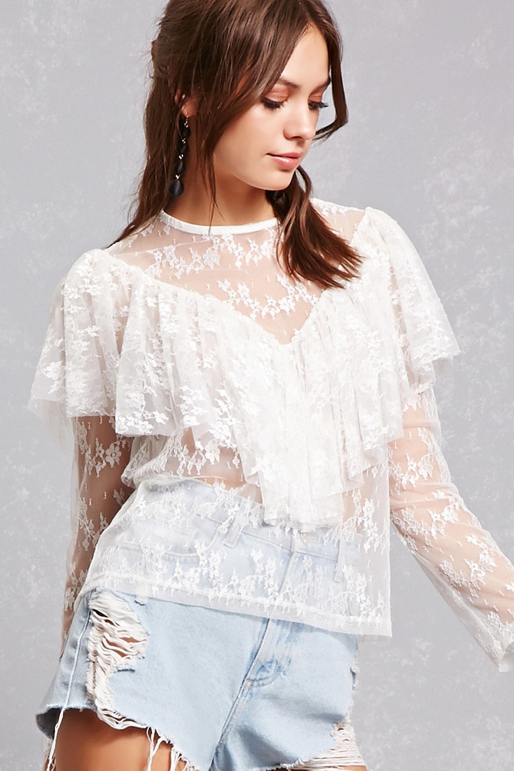 Sheer Lace Flounce White Top