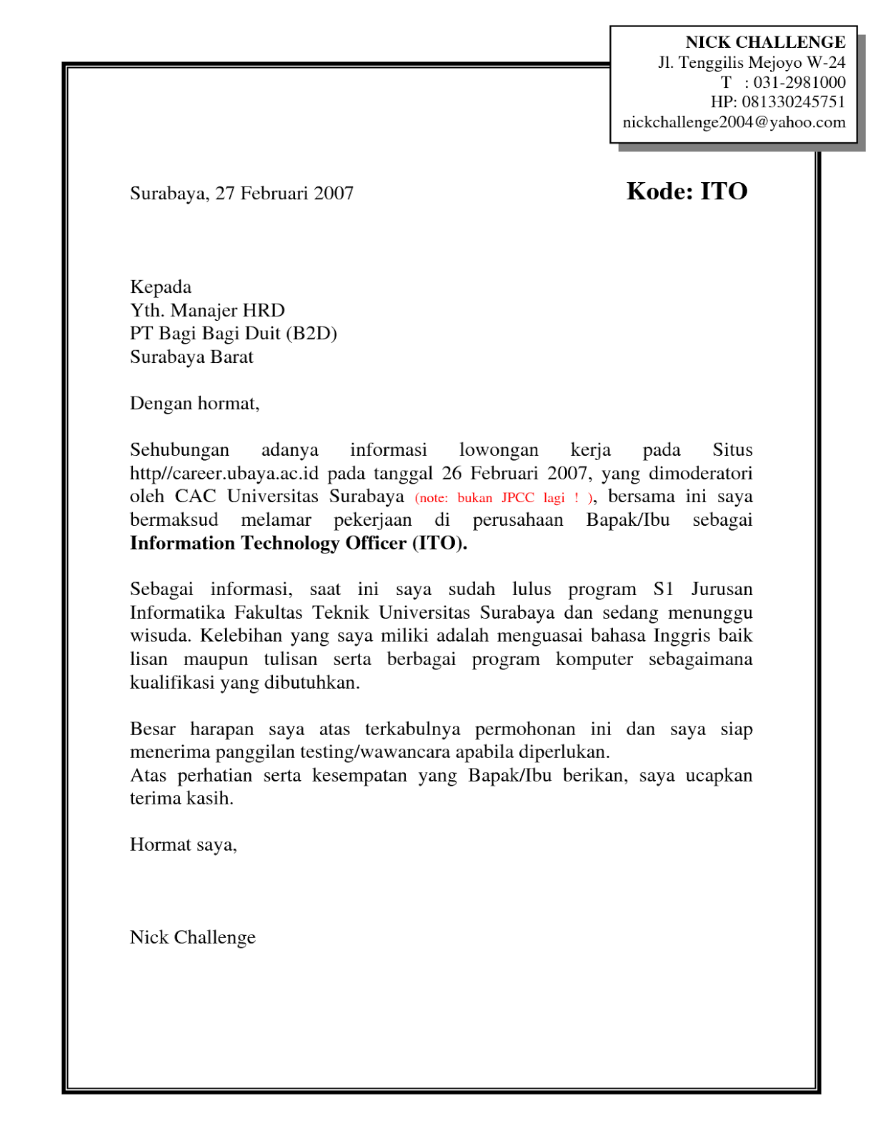 Contoh Cover Letter Bahasa Indonesia Doc - Contoh Bee