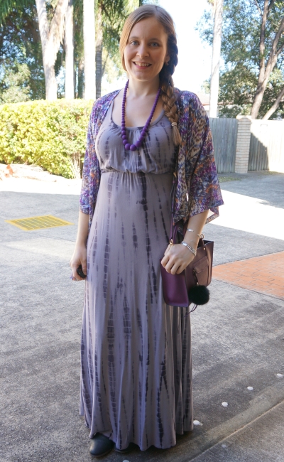 purple zig zag print kindness kimono with tie dye maxi dress autumn boho style | away from blue