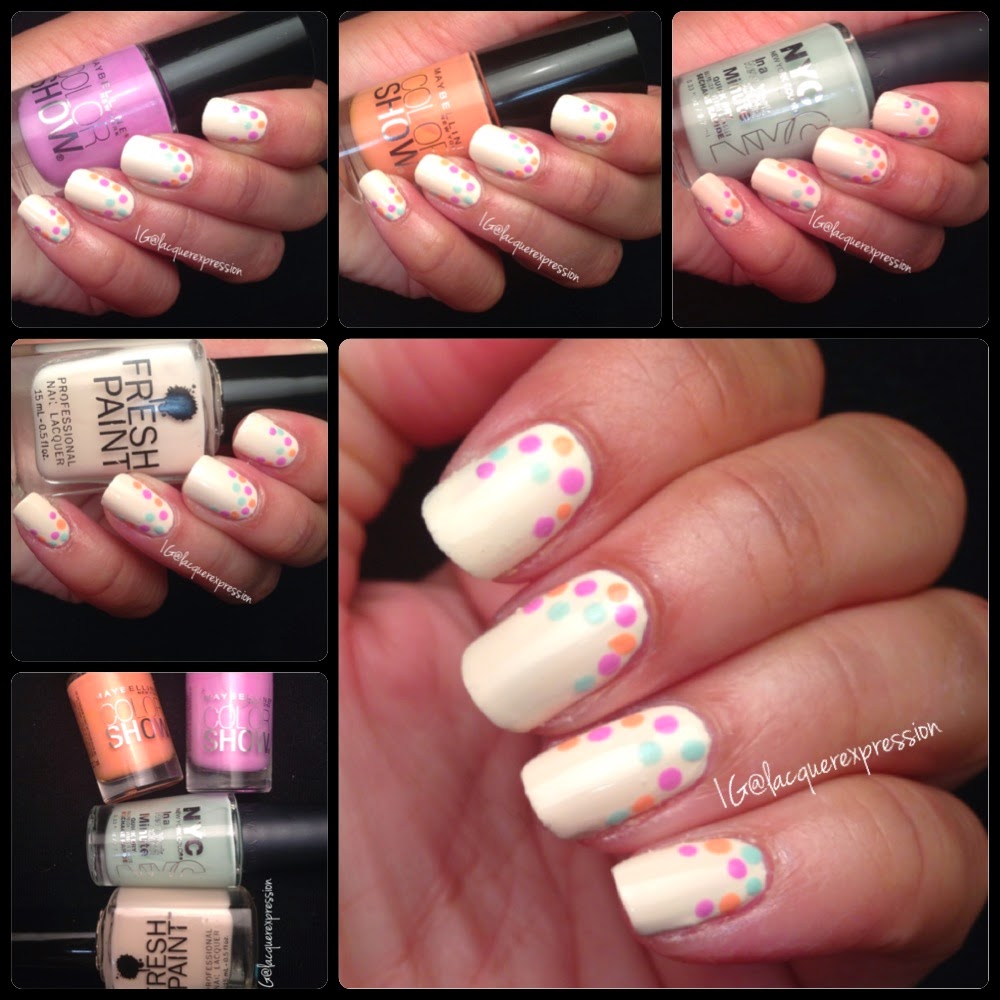 Reverse French Dotticure using Coconut nail polish by Fresh Paint Lust for Lilac and Pretty in Peach pastel polish by Maybelline and Robin's Egg Blue by New York Color NYC