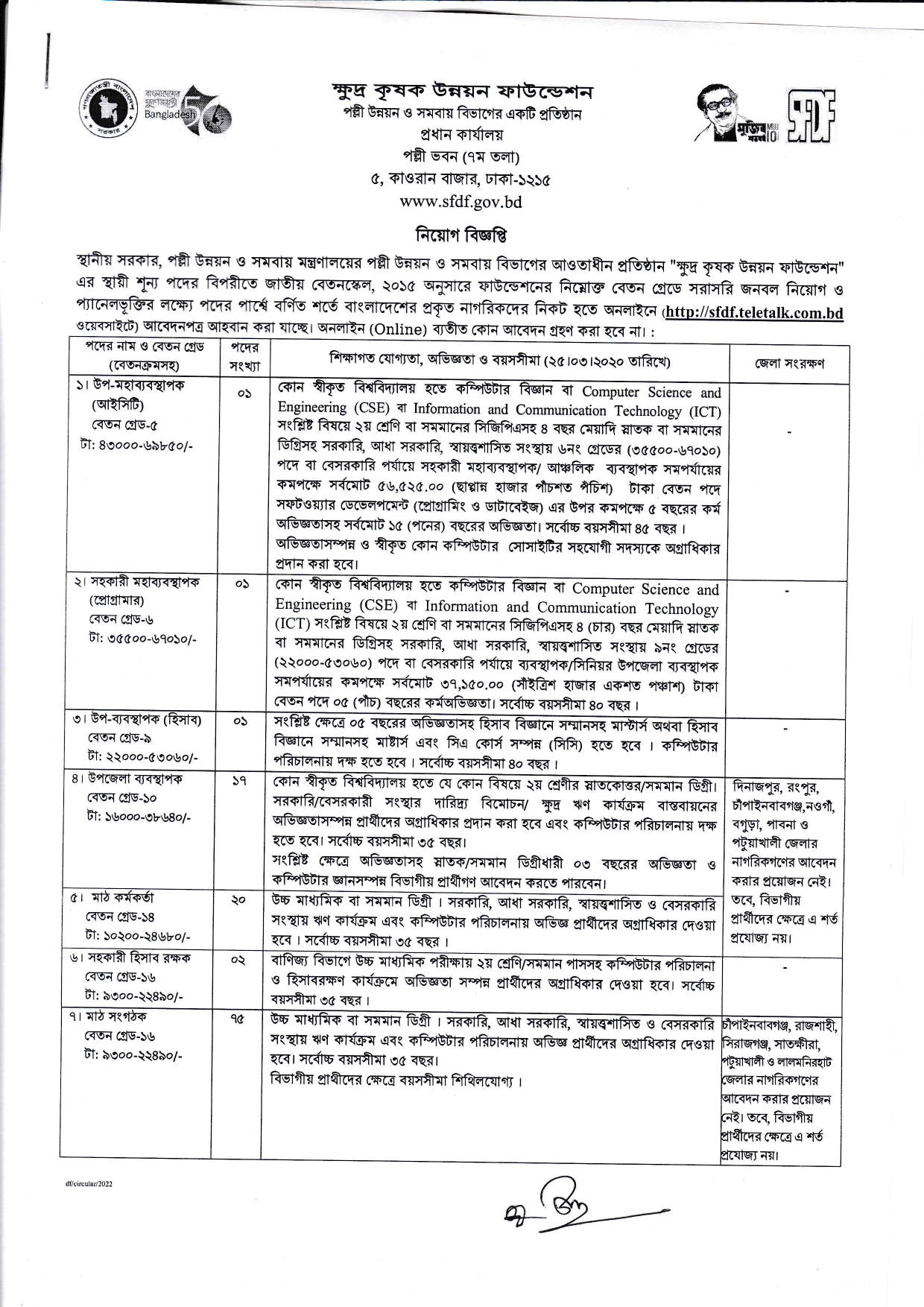 govt job circular 2023 - ক্ষুদ্র কৃষক উন্নয়ন ফাউন্ডেশন নিয়োগ বিজ্ঞপ্তি ২০২২