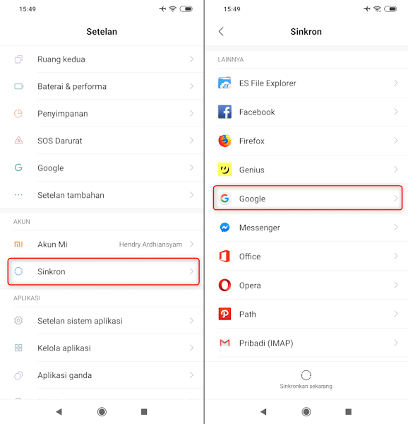 Setelan sinkron Google