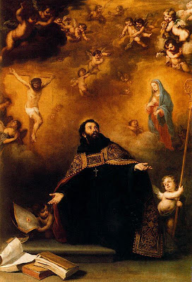 San Agustin arrodillado delante de las imagenes de Jesus y la Virgen extiende sus brazos.