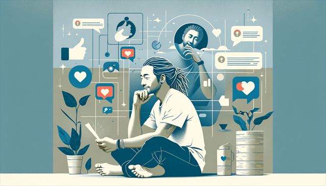 An abstract minimalistic illustration of a casual Japanese man with dreadlocks exploring the world of social media. The scene depicts him thoughtfully composing and posting his genuine thoughts online, symbolized by abstract representations of social media interaction, like a 'like' icon. Show his surprise and happiness at receiving a positive response, even if the exact meaning is unclear. Include elements that represent his contemplation of more active engagement online, his uncertainty about how to proceed, and a peaceful scene of him meditating before sleep. The style is minimalistic, capturing his journey into social media and self-reflection.