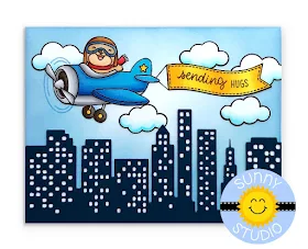 Sunny Studio Stamps: Plane Awesome "sending hugs" Airplane flying over city with banner card (using Cityscape Border die)