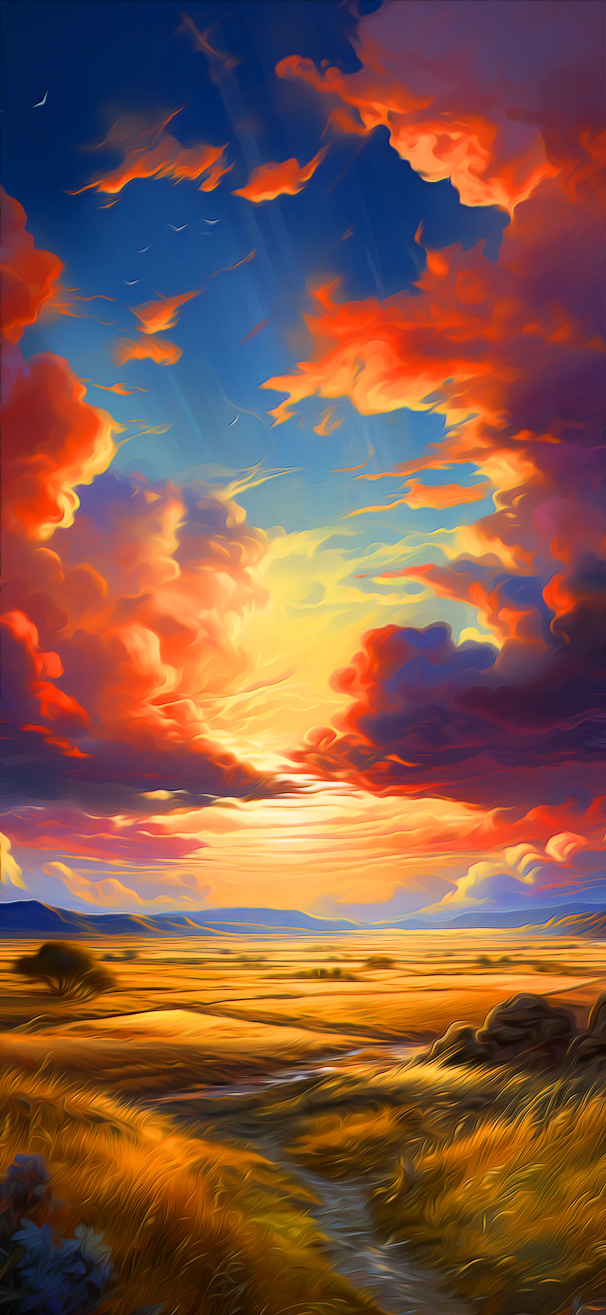 Dramatic oil-painting style image of a sunset with fiery clouds over a tranquil field, evoking a sense of peace and grandeur.