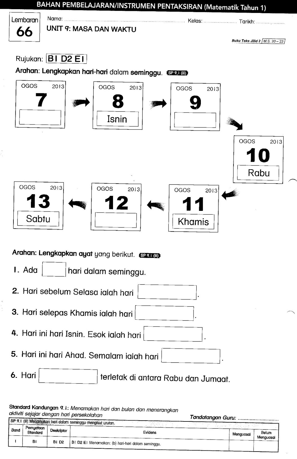 KENALI DUNIA MATEMATIK: CONTOH INSTRUMEN (MASA DAN WAKTU 