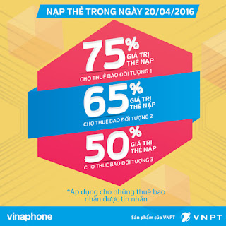 Khuyến mãi 50% - 65% - 70% thẻ nạp Vinaphone ngày 20/4